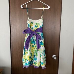 Floral Empire Waist Dress with Purple Blow, Blue, Yellow, and White Print Design